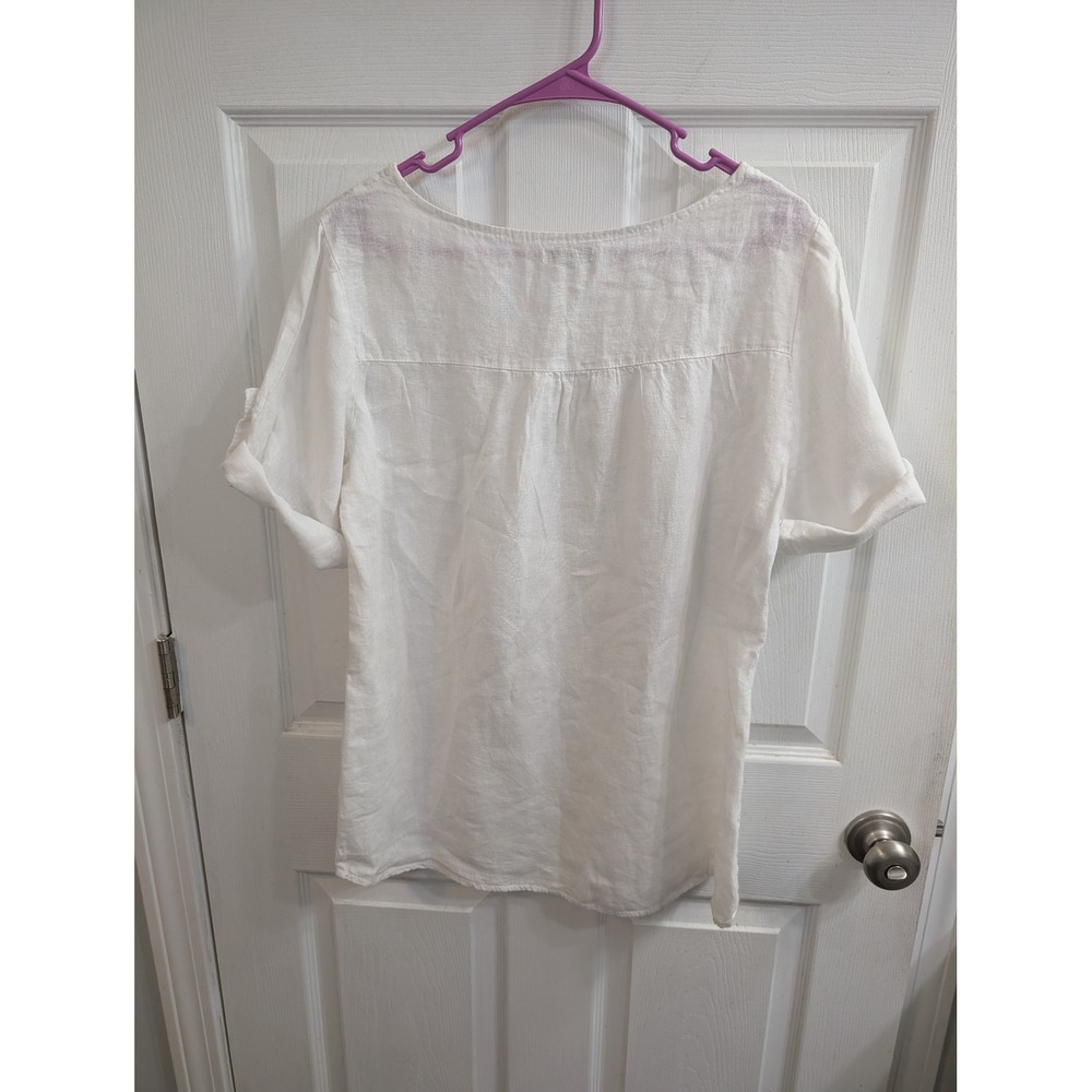 Lina Tomei Linen Blouse Womens White Lace Insert Italy Roll Tab Sleeve - Size S